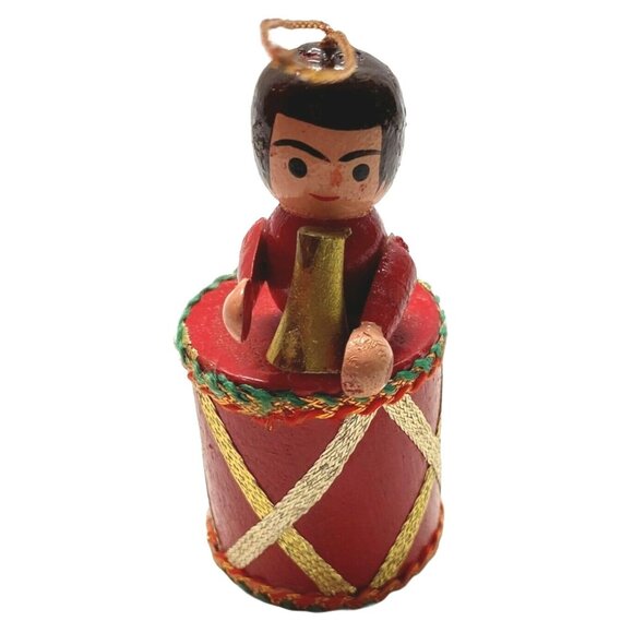 Vintage Wooden Drummer Boy Christmas Tree Ornament Red Drum & Gold Horn - Picture 5 of 8